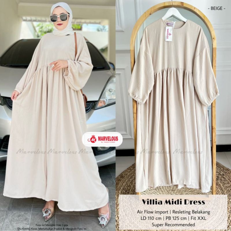 VILLIA MIDI DRESS BY MARVELOUS (DRESS MUSLIMAH) Midi dress wanita airflow premium