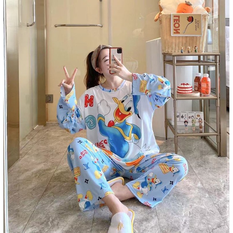 PIYAMA PP WANITA IMPORT SPANDEX|BIGSIZE|JUMBO/SET OVERSIZE/BAJU TIDUR lengan panjang-PP.BZ LV.DONALD