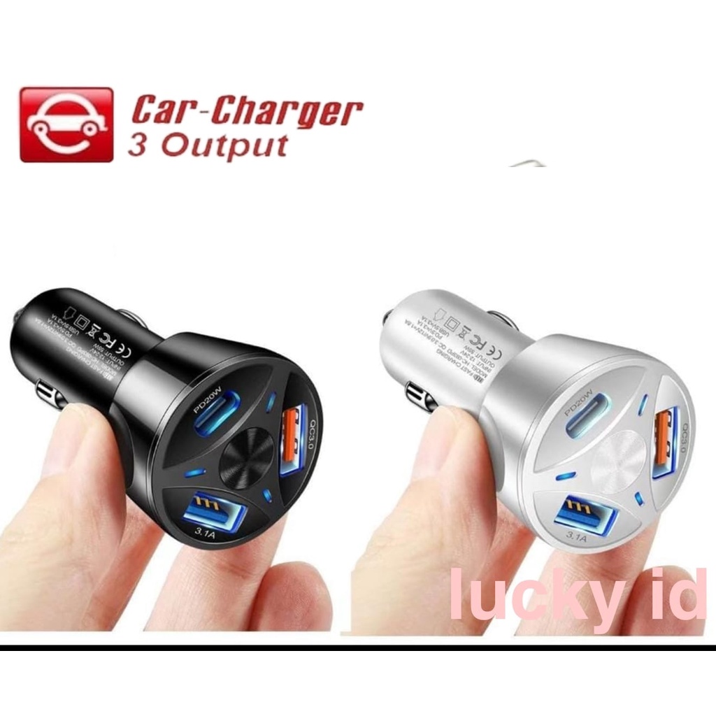 Car Charger Colokan Mobil 3 Ports QC3.0 3.1A Qualcomm Black White