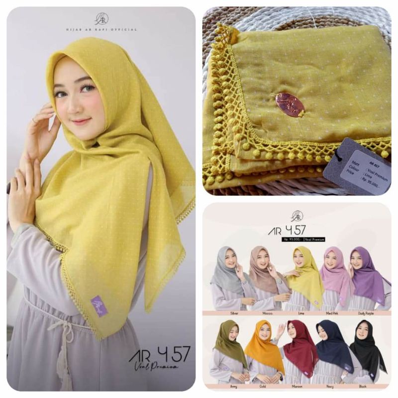 Terlaris! hijab jilbab kerudung segi empat motif dewasa terbaru variasi renda ArRafi AR 457 rabbani