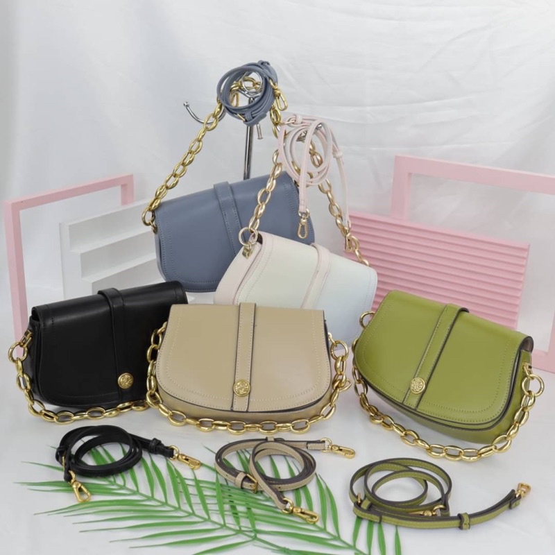 Tas Kulit Selempang Wanita CK Leather Slingbag Premium Import Hitam Black Biru Blue Putih White Hijau Olive Green Coklat Khaki, Casual Daily Ootd Hangout Formal Kondangan Pesta Party Kantor Office Charles and Keith Woman Chain Long Strap Bag, kode : ck909