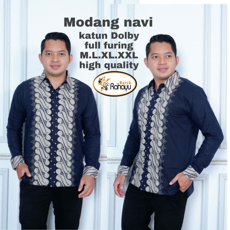 Kemeja Batik Pria Lengan Panjang Rahayu Modang Navy Lapis Full Furing