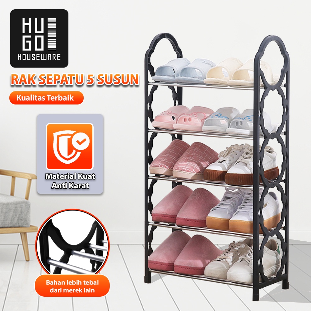 HUGO Rak Sepatu Serbaguna Portable 5 Susun Bahan Kuat Stainless Steel Tempat Sepatu Sandal