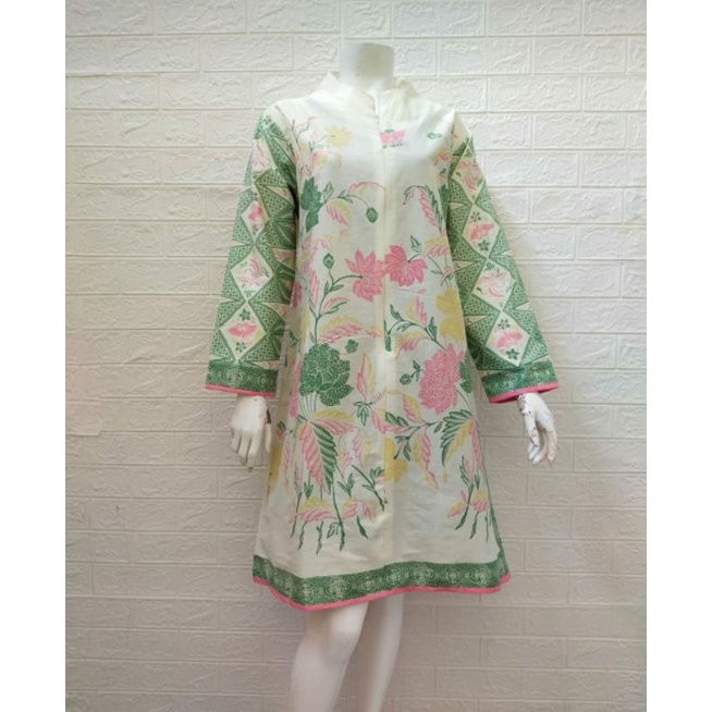 baju batik tunik resleting motif encim warna putih
