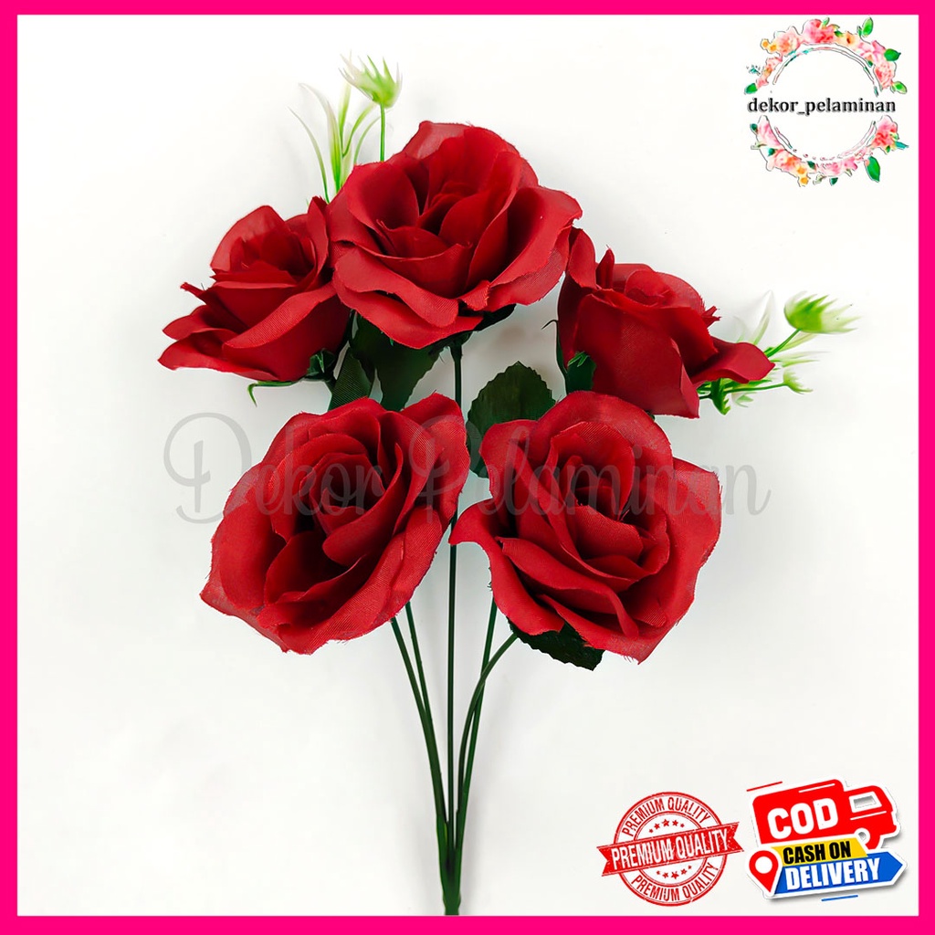BUNGA MAWAR  ROSE TANGKAI 5 MURAH ARTIFICIAL -  MAWAR PLASTIK ROSE JEPANG DEKORASI