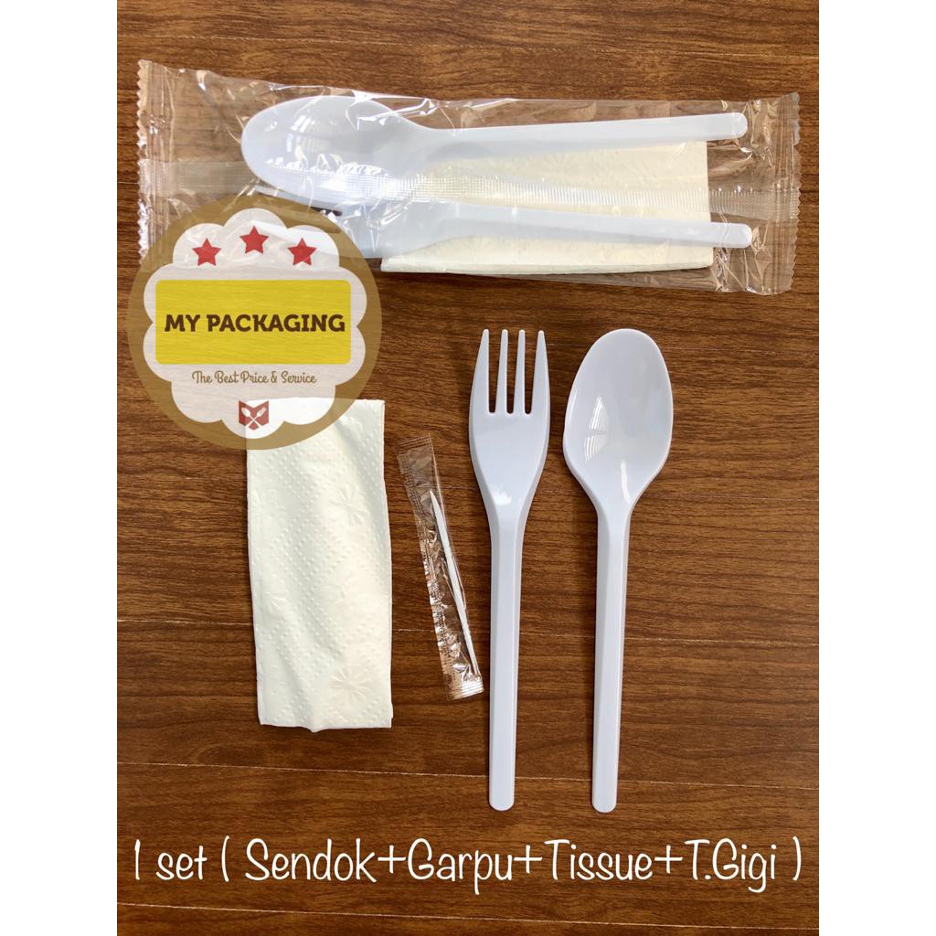 Sendok Garpu Tissue Tusuk Gigi Set Plastik PREMIUM - PUTIH (isi 25pcs) Sudah Dibungkus Per Set Murah Bagus Kuat Halus tidak kasar Bahan ps