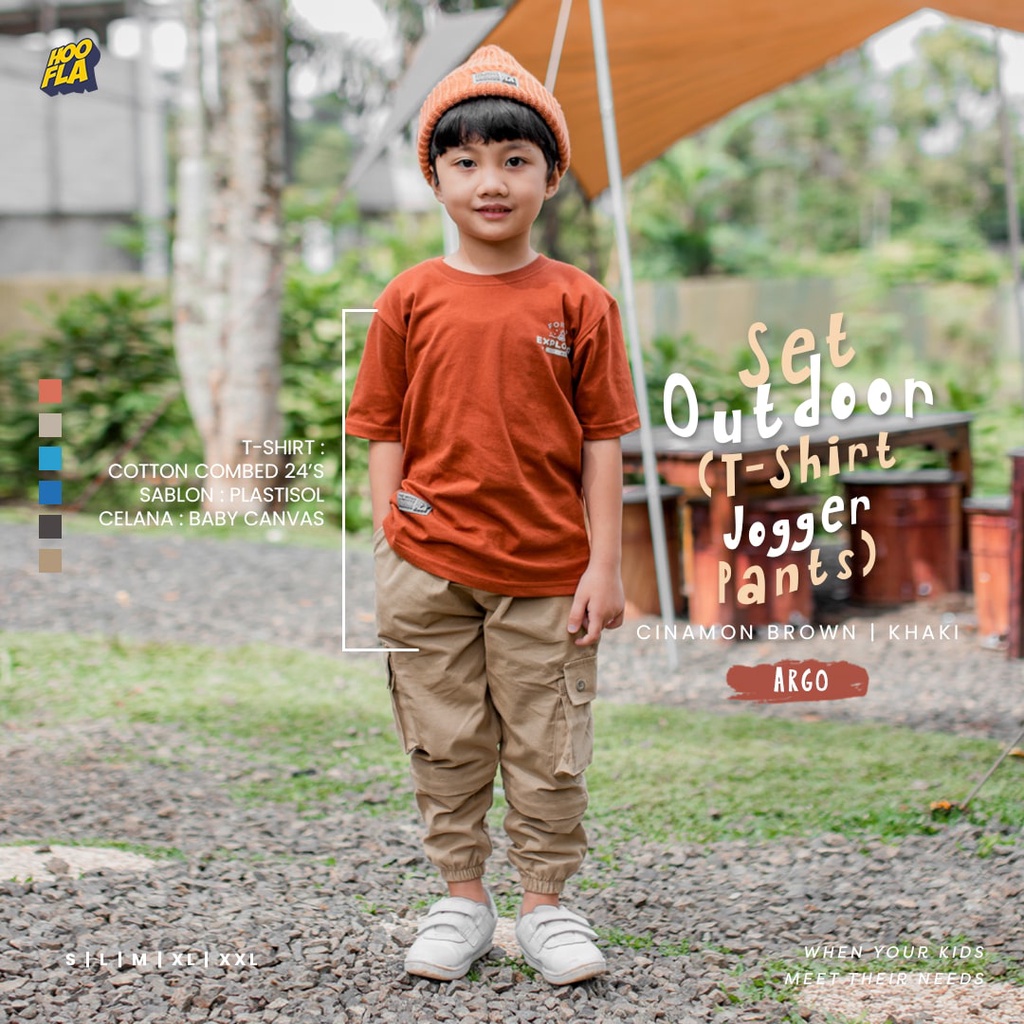 Hooflakids Setelan Outdoor Kaos dan Jogger Anak Laki Laki Usia 3 12 tahun