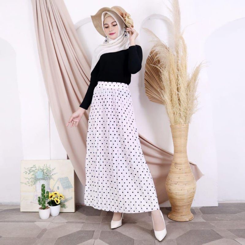 ROK PLISKET BUNGA DAISY / ROK PLISKET PREMIUM / ROK WANITA-polkadot putih