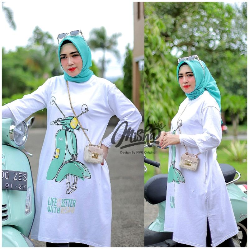 Tunik Kaos Wanita Gambar Vespa Terbaru Material Cotton Combed 20 S Produk Misha Original By NVG Kaos