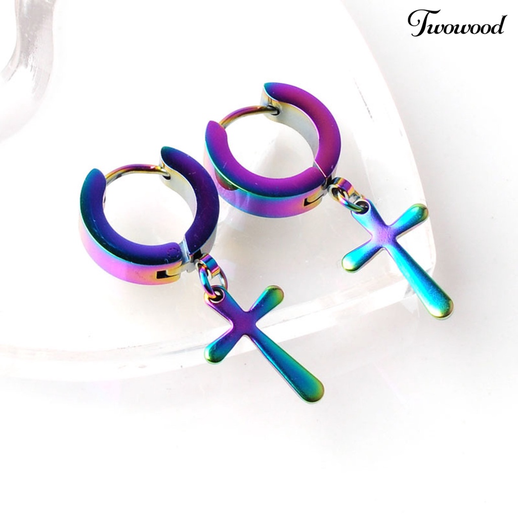 Twowood 1Pc Unisex Dangle Earring Cross Korean Style Stainless Steel Simple Bright Luster Hoop Earring for Daily Wear