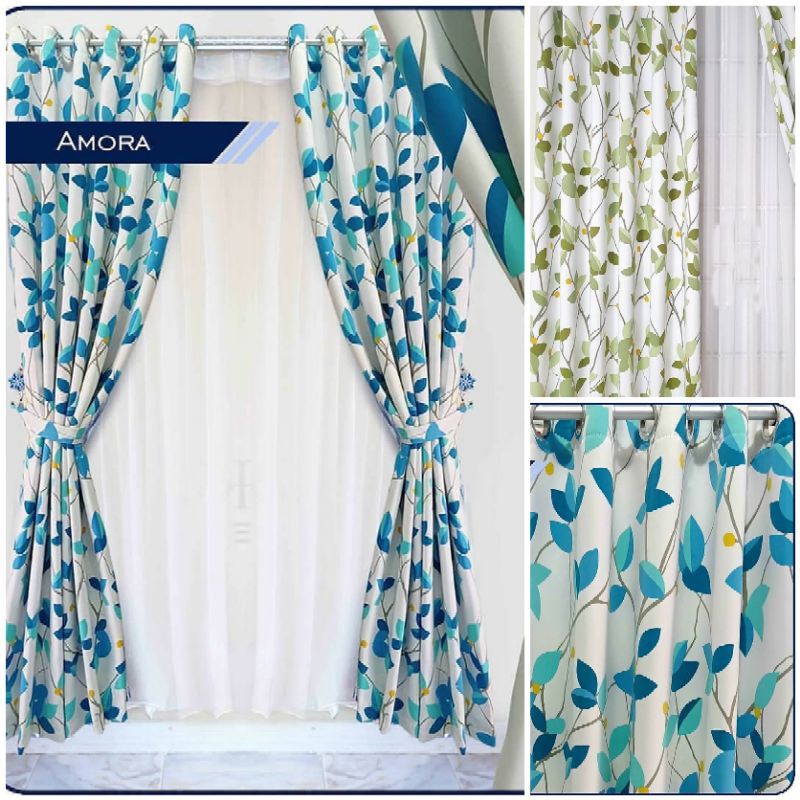 Gorden Blackout Motif Amora Daun rambat hijau biru tosca