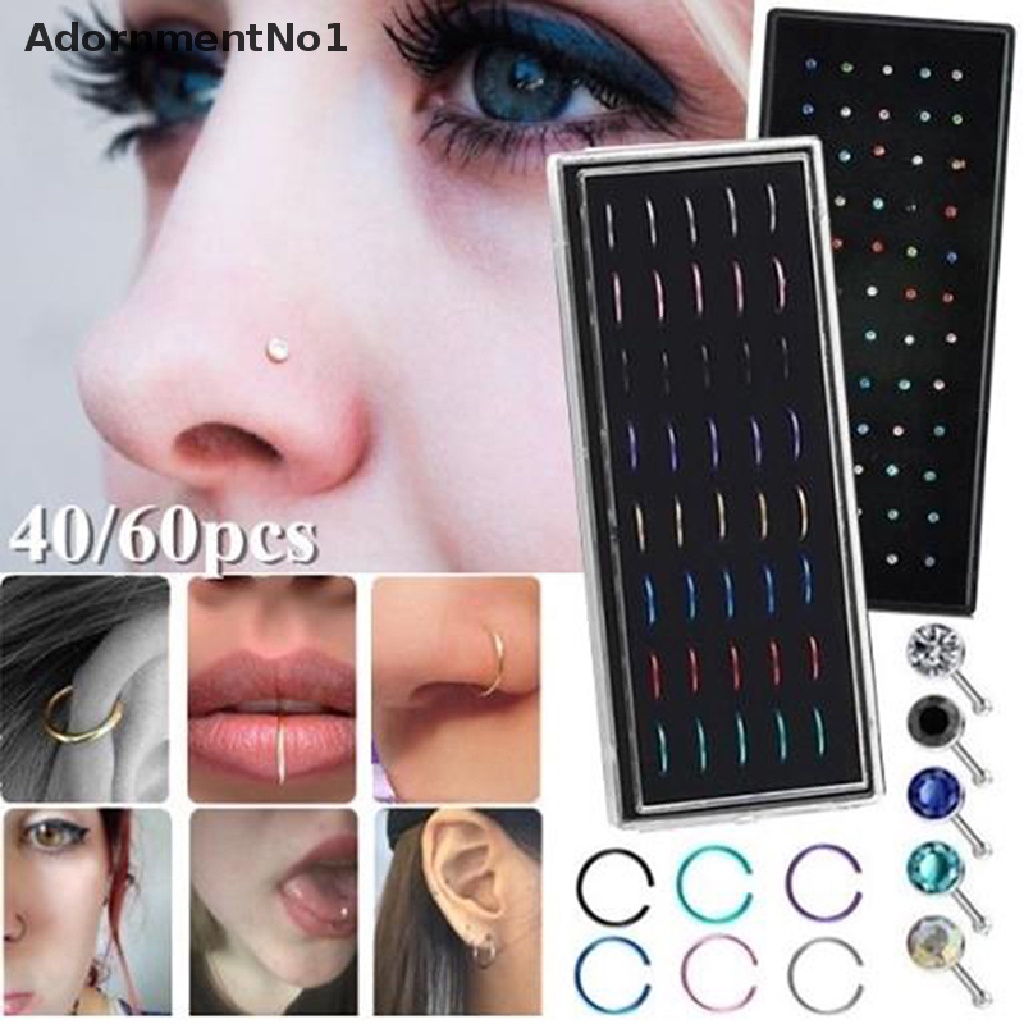 (AdornmentNo1) 40 / 60pcs Cincin Tindik Hidung Bahan Steel Warna Silver Untuk Wanita