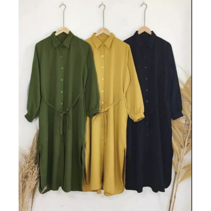 LONG TUNIK POLOS Tali Full Kancing Depan Atasan Muslim Premium Terbaru