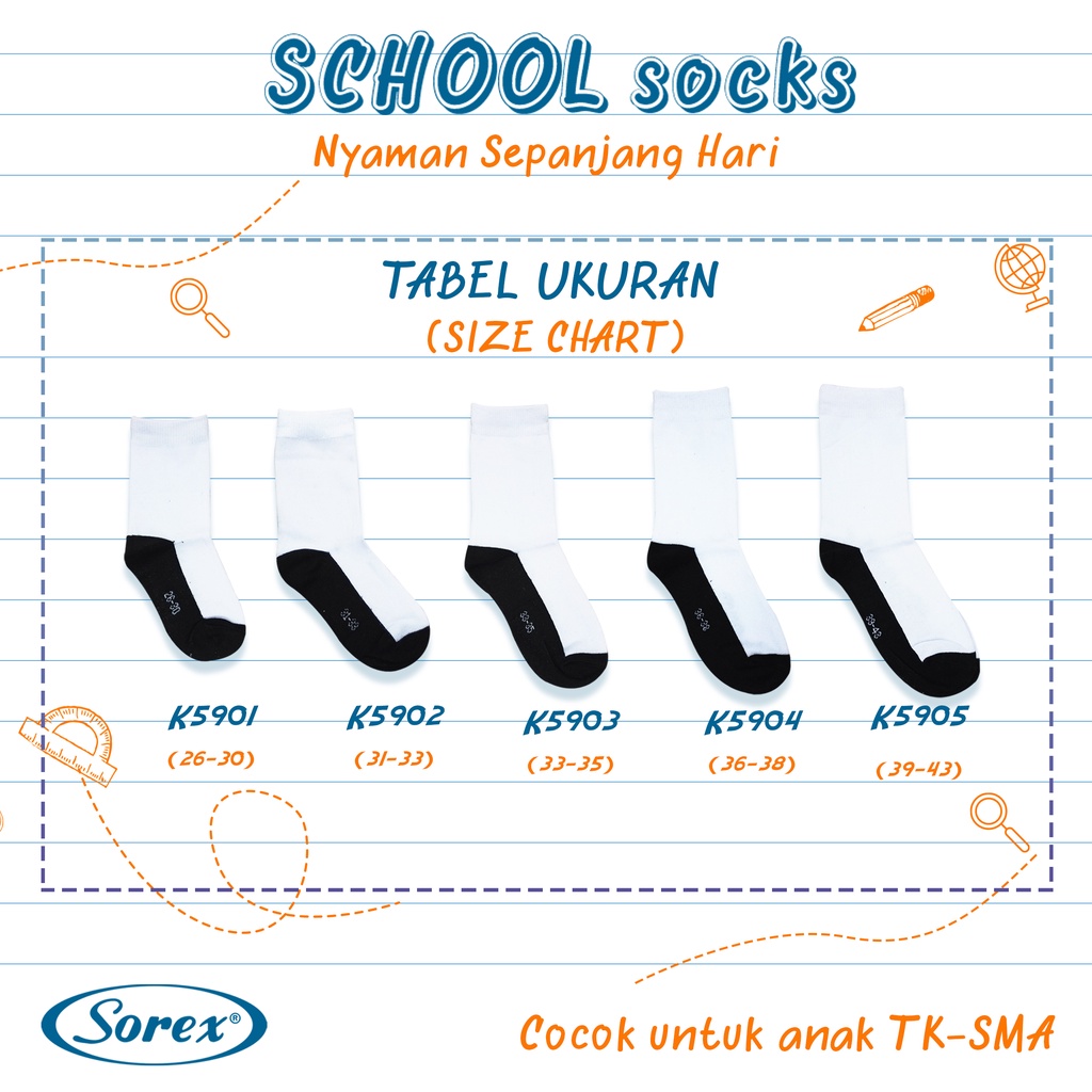 Kaos Kaki Sekolah SOREX - Putih Telapak Hitam - Sedang