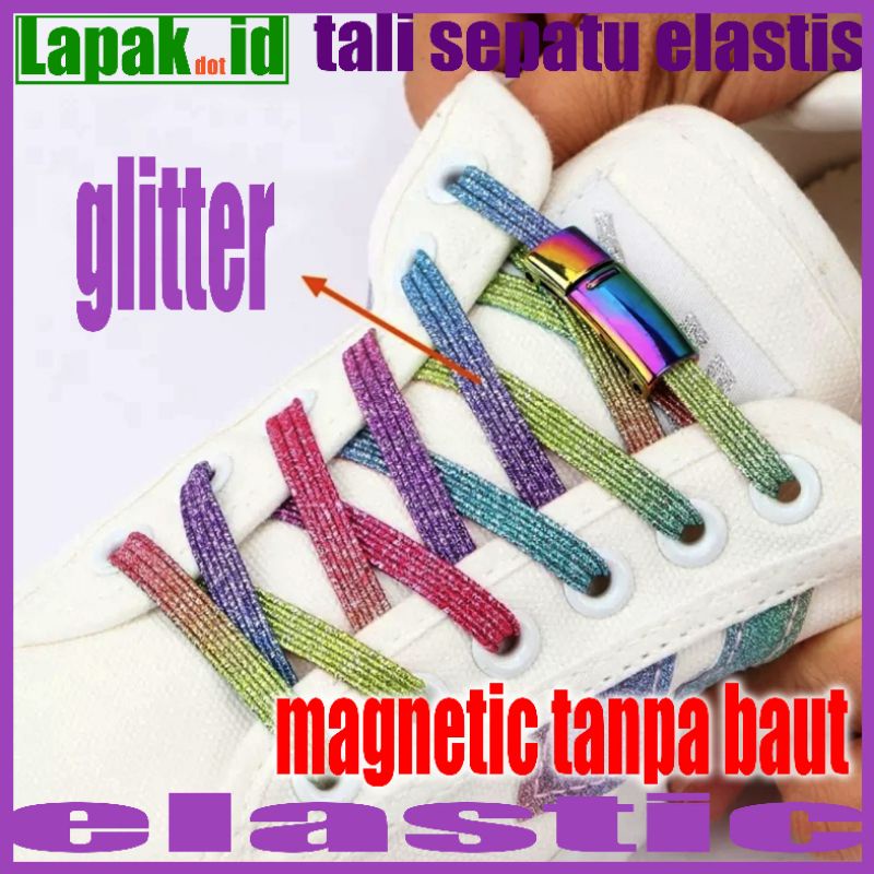 tali sepatu elastis flat glitter dengan magnetic lock tanpa baut