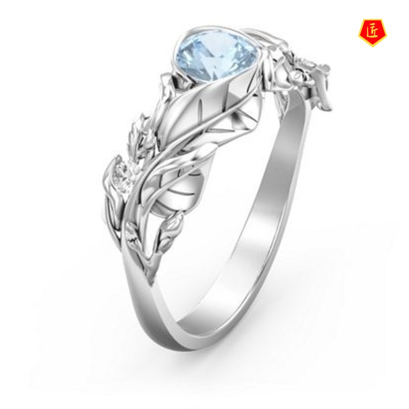 [Ready Stock]Inlaid Sapphire Silver Ring Creative Leaf Personality