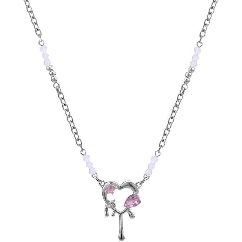 Kalung Rantai Klavikula Bentuk Kunci Hati Aksen Berlian Warna Pink Untuk Aksesoris