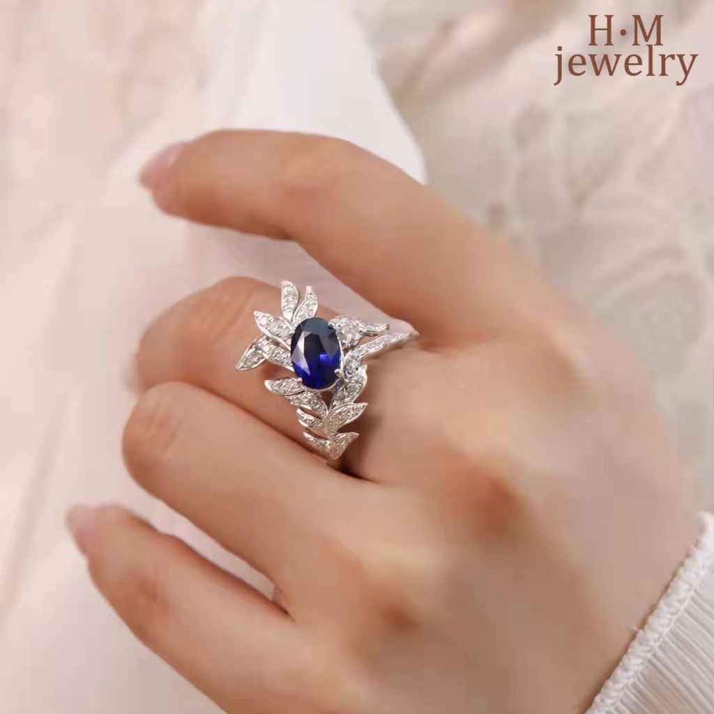 Cincin S925 Silver Model Terbuka Desain Sayap Aksen Berlian Sapphire Warna Biru