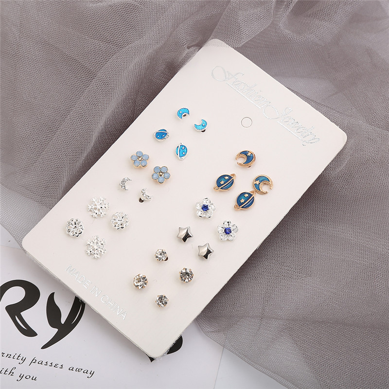 [12 Pairs Mixed Styles Moon Earth Stars Ear Cuff Stud Earrings ] [Ladies Elegant Rhinestone Studs Earrings] [Korean INS Simple Style Bridal Wedding Party Ear Jewelry]