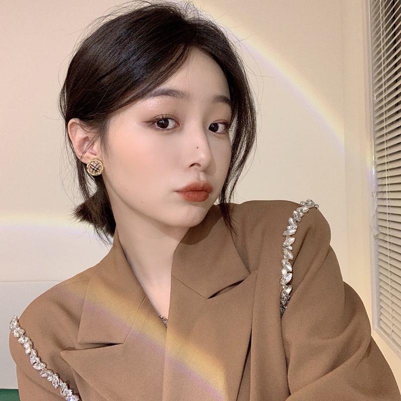 Anting Bulat Kotak-Kotak Vintage lady Manis Lucu Korea