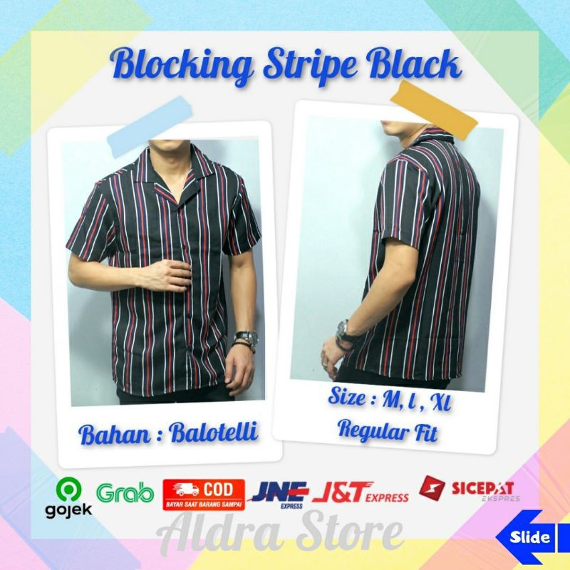 Kemeja Casual Motif Salur Garis Garis Stripe Pria Lengan Pendek Hitam Merah Putih