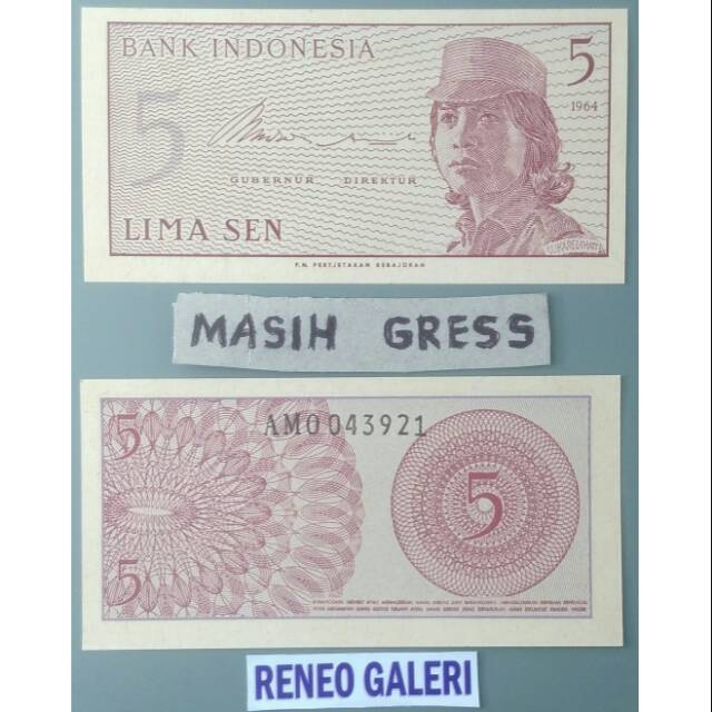 Gress Mulus Asli 5 SEN Sukwan Tahun 1964 sukarelawan dwikora uang kuno Kertas Duit Lama Indonesia Original 0,05 Rupiah