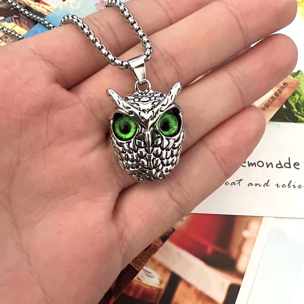 Kalung Liontin Burung Hantu Mata Biru Mata pink Hijau Bahan Stainless steel Untuk Pria Dan Wanita