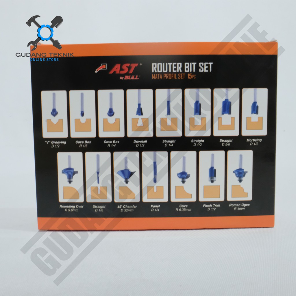 AST ASRB02-015 Mata Profil Router Bit 1 Set 15pcs Mata Trimmer Kayu Tool 1 Set 15 pcs / Mata Pisau Profil