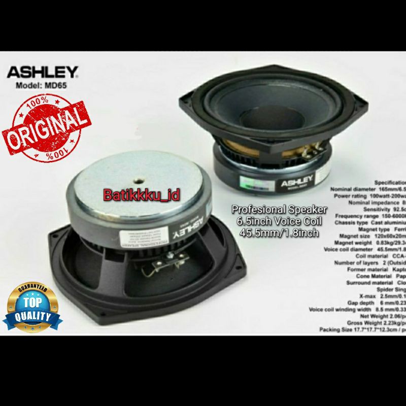 SPEAKER KOMPONEN ASHLEY MD65 / MD 65 6inch ORIGINAL ASHLEY