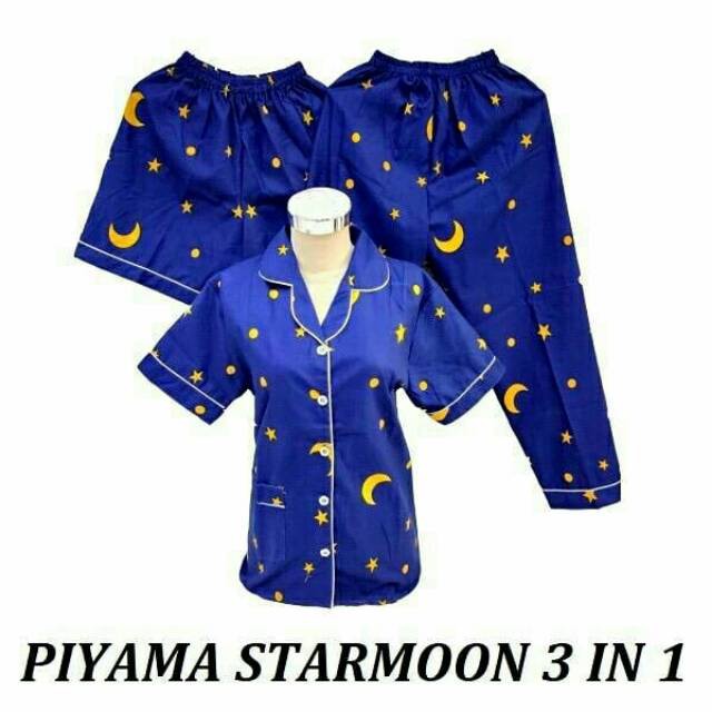 SEASOND IND 3in1 Piyama/Baju Tidur Wanita Dewasa Hello Kitty/L Fit to XL-starmoon navy