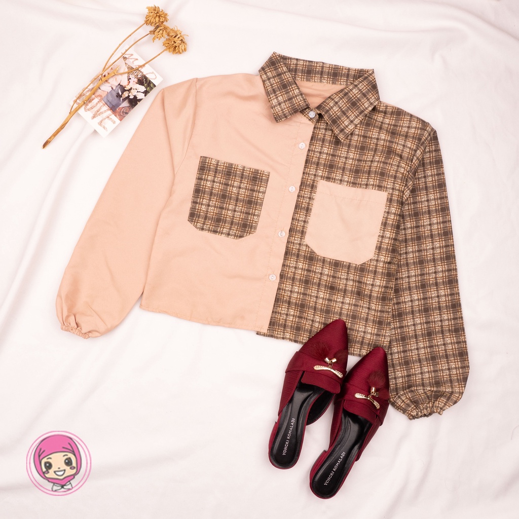 SALE!!! Mika Crop Top / Kemeja Crop Wanita Tartan / Kemeja Two Tone Kotak-7