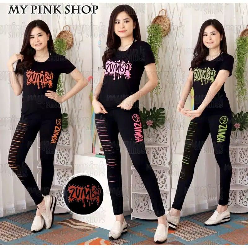 SETELAN BAJU SENAM GLAMOUR ZUMBA  CELANA SOBEK HITAM FIT XL