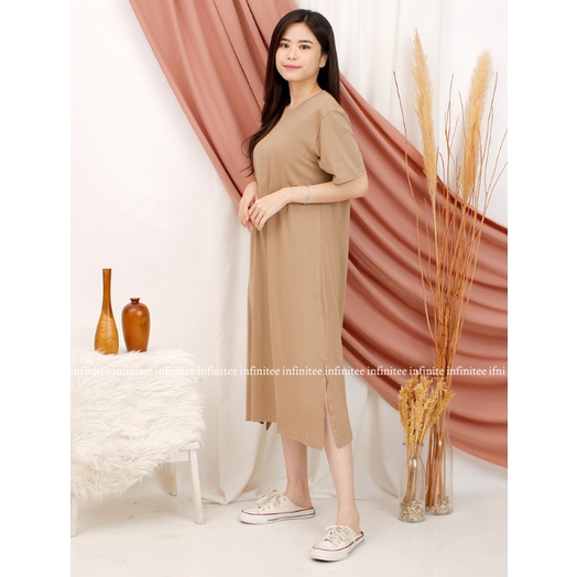 Dress Wanita Midi Polos Bahan Katun Slit Dress Korea Dress Kasual