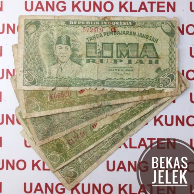 5 Rupiah tahun 1945/1947 seri ORI Sukarno uang kuno kertas jelek