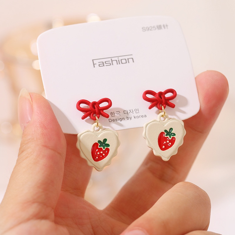 Sterling silver jarum cute Korea menyegarkan love strawberry busur manis anting-anting stud anting-a