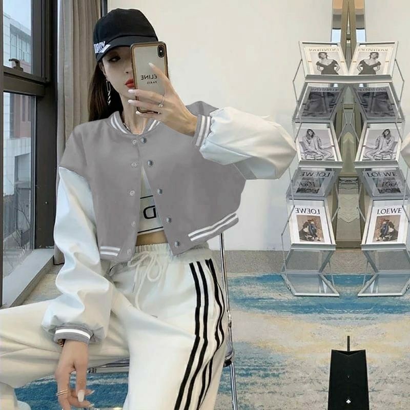 Jaket baseball crop wanita varsity jaket// jaket korean style ullzang crop cropped croppe jacket baseball gratis pop socket// freebies KPop