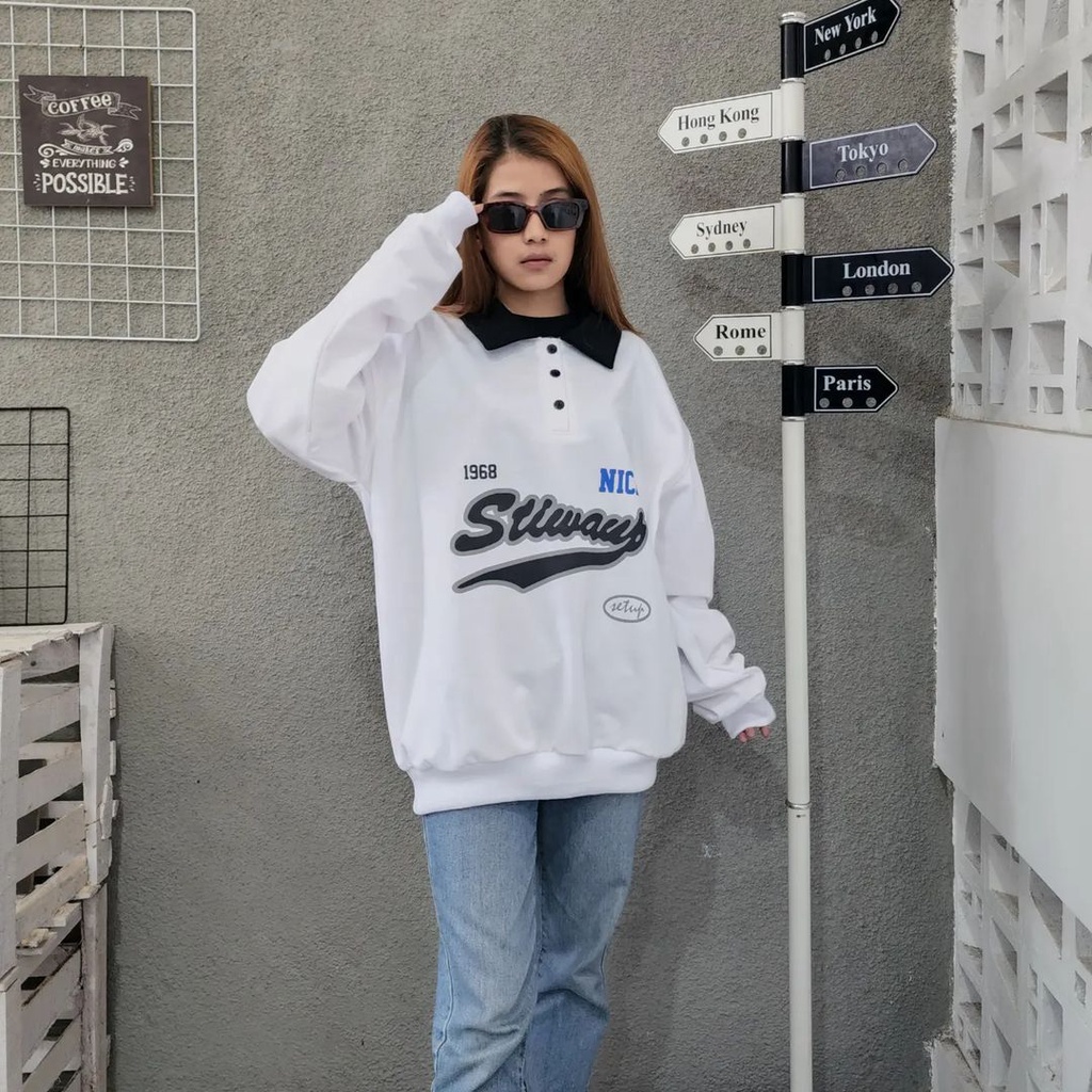 STIWAYS BUTTON COLAR 2XL Sweater Crewneck Berkerah Pria Wanita Oversize Atasan Switer Model Blouse Kekinian Outfit Kece Kasual Korean Style