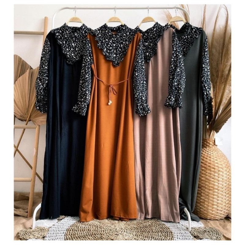 Dress Premium Flower Black Kombi Rajut Import / Gamis Knit Import