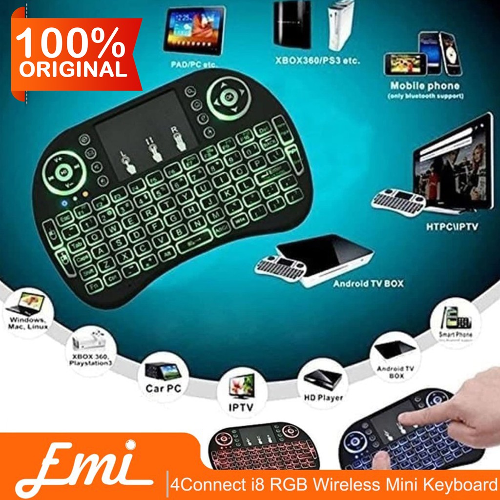 4Connect i8 RGB Wireless Mini Keyboard with TouchPad &amp; Air Mouse By EM