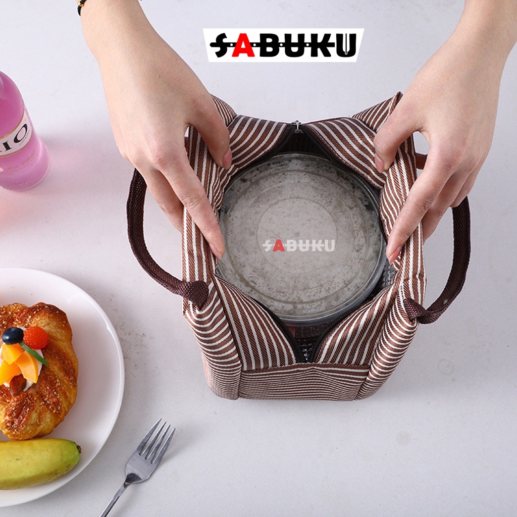 Tas Bekal Makan Model Resleting Cute Lunch Box Makanan Alumunium Kotak Makan Lunch Bag Kotak Stripe - 221