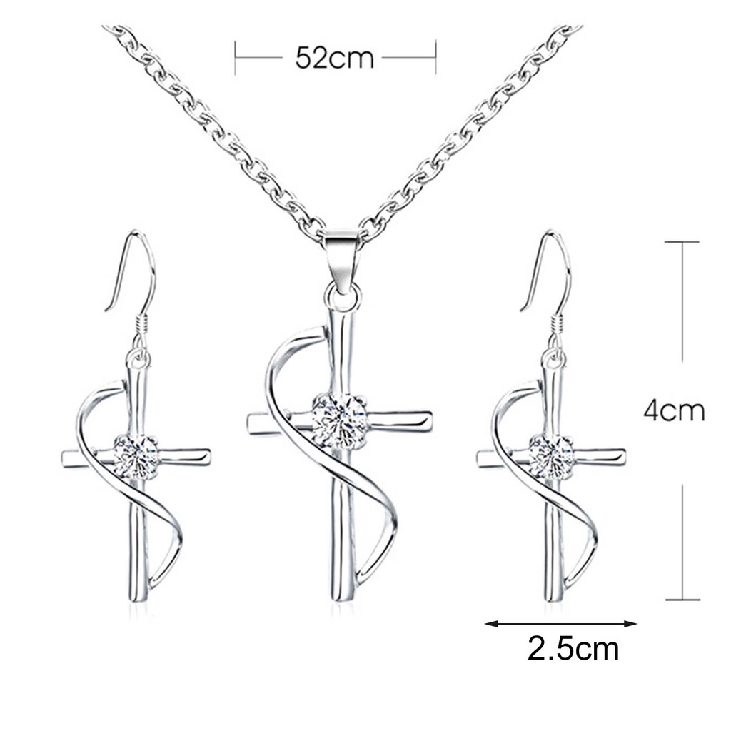 Hu Hu Hu Hu Hu Alat Bantu Pasang Kacamata♡ Set Kalung Anting Kait Gantung Wanita Desain Salib Hias Cubic Zirconia Ringan Untuk Pernikahan
