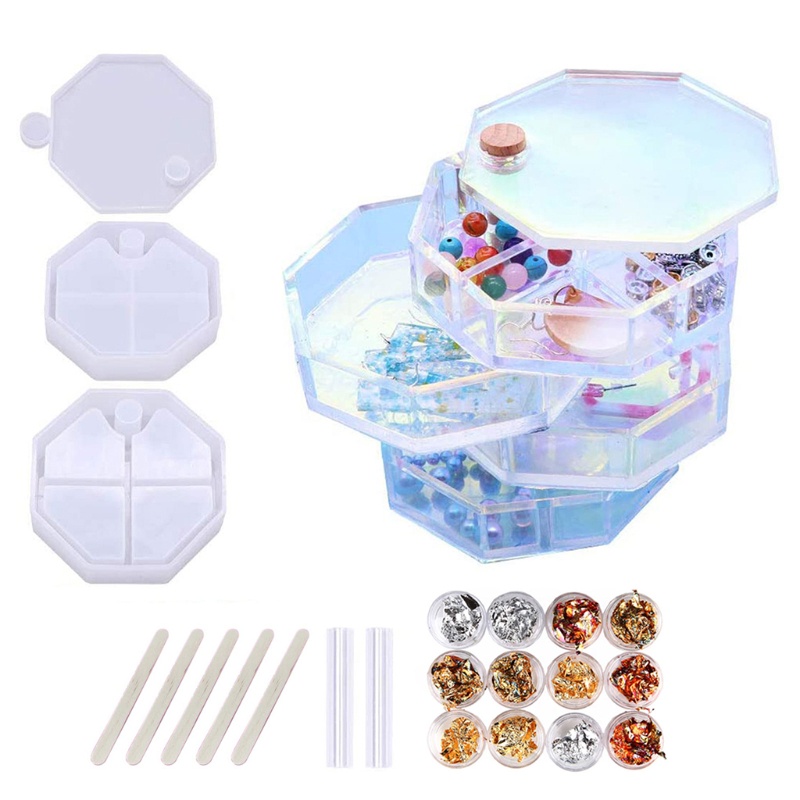 SIY  1 Set Jewelry Organizer Box Silicone Resin Mold for Women Kids, DIY Multi-Layer Rotating Jewelry Tray Storage Case