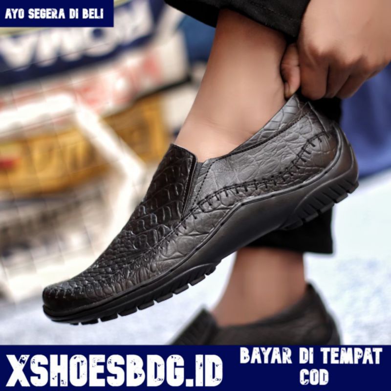 Xshoesbdg.id x Croco Sepatu Slip On Pria Casual Slop Kulit Asli Original Santai Kerja Kuliah Kantor