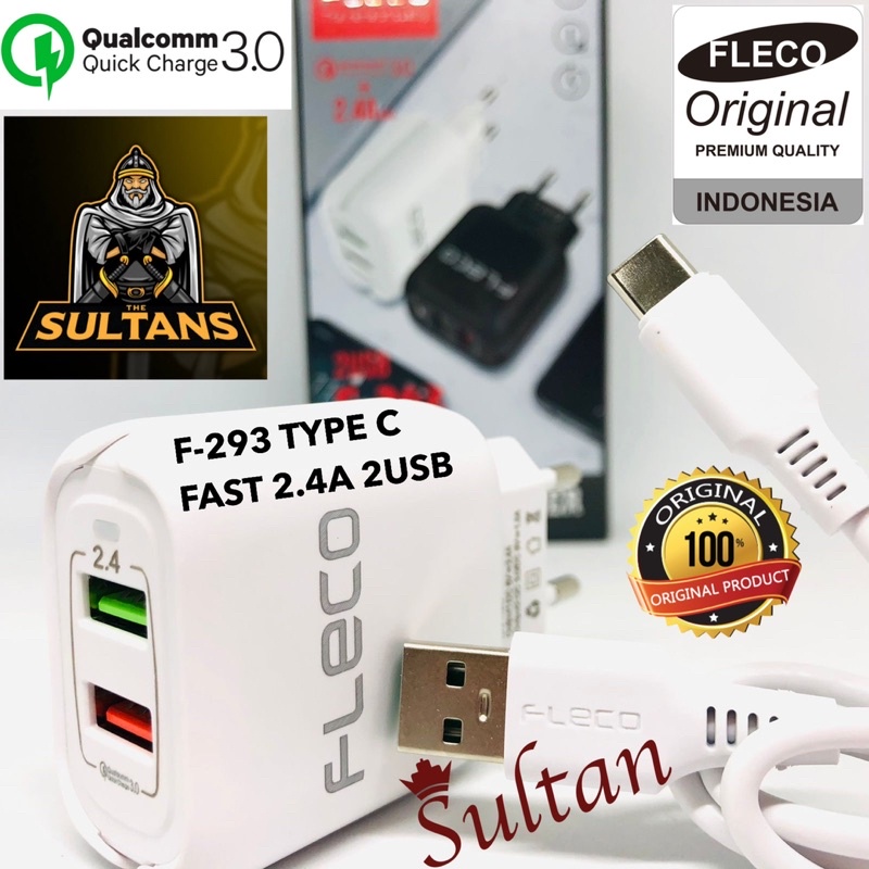 grosir charger tc fleco f293 original 18w 2usb micro type c smart power fast charging