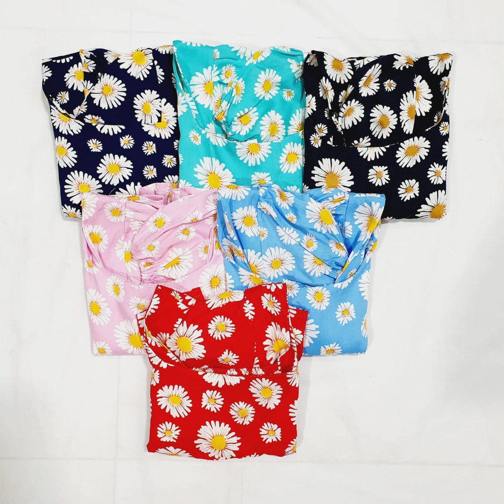 FASHION PAKAIAN ATASAN WANITA MOTIF DAISY CROP TOP BLOUSE LEHER KOTAK