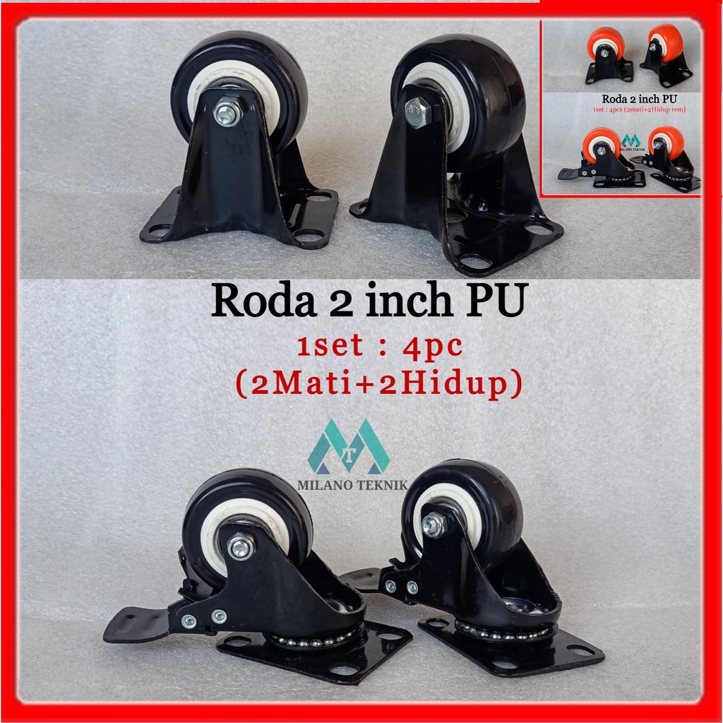 Roda 2 inch PU+Bearing (1set:4pcs 2M+Hrem) caster Troli Rubber karet 2