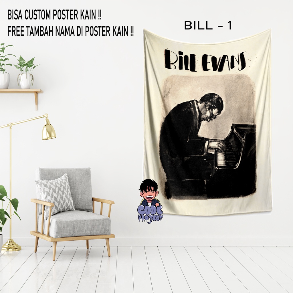 POSTER KAIN BILL EVANS - hiasan dinding bill evans - hiasan kamar poster kain bill evans - poster ka