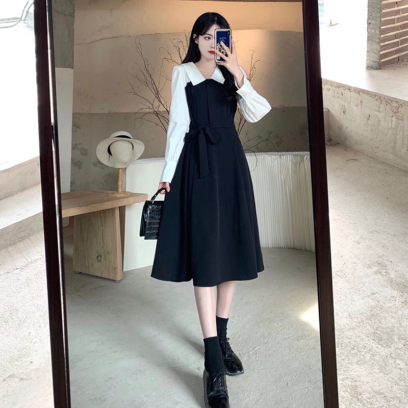 [littlecrab] Dress Wanita Putih Hitam Moka Kemeja Dress Kerja Lengan Panjang Dress Simple Elegan Korean Style