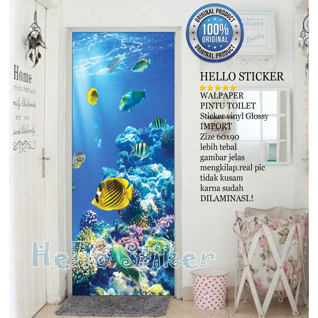stiker pintu  kamar  mandi gambar  ikan size 60x190cm 