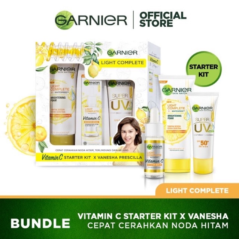 Garnier Bright Complete Vitamin C Starter Kit X Vanesha - Serum 15ml + Foam + Sunscreen Kulit Cerah